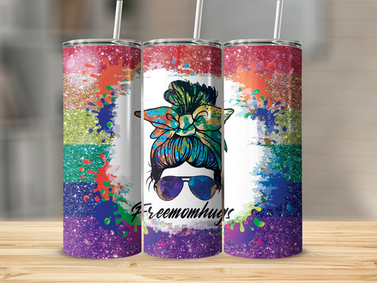 Triptych of tumblers with colorful paint splatters and a messy bun woman graphic.