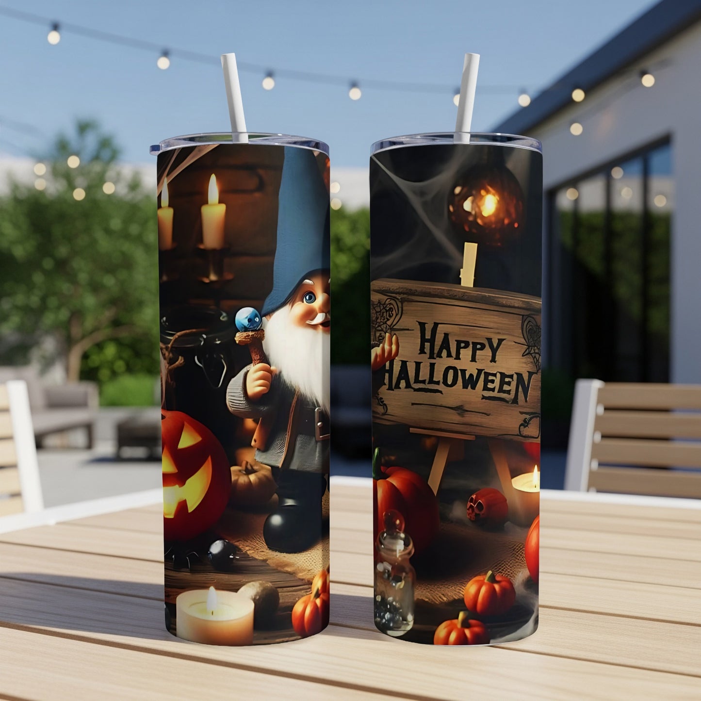 Two tumblers with Halloween gnome and "Happy Halloween" sign graphics.