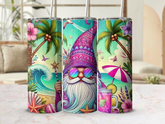 Beach gnome with sunglasses, holding a star wand, with ocean and palm trees.