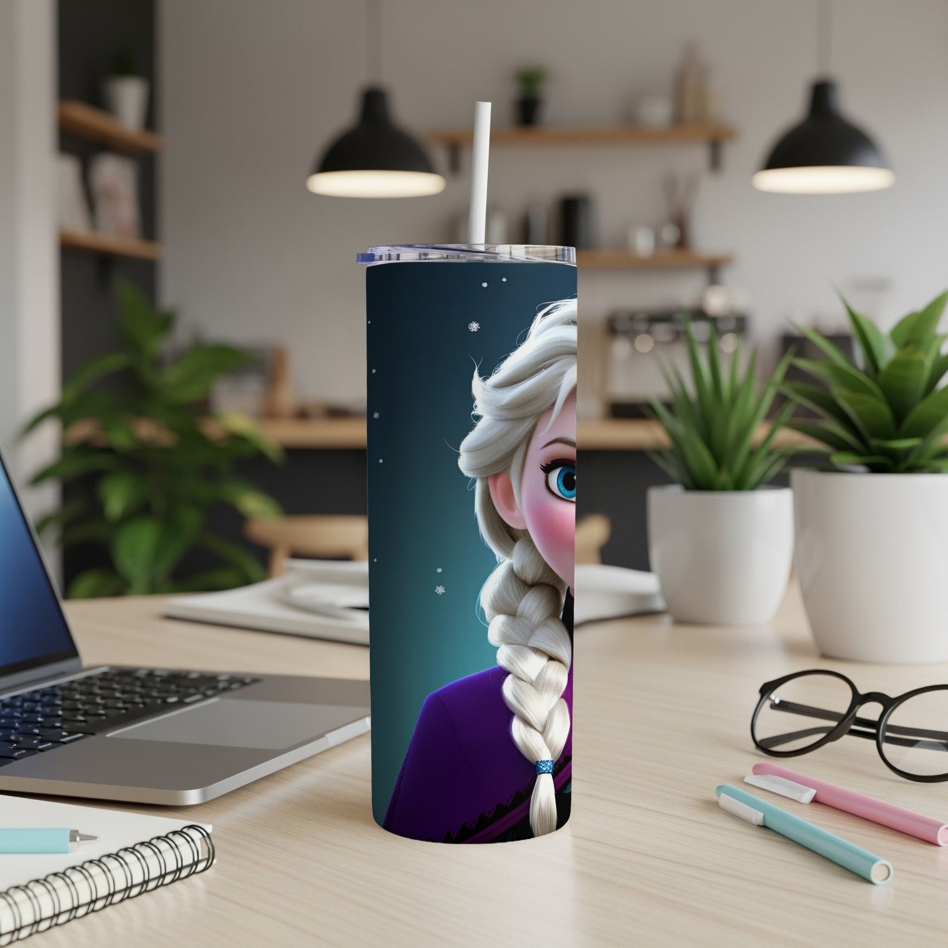Frozen Elsa on a purple background tumbler with stars, a straw.