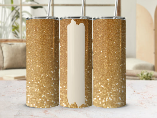 Three glittery gold tumblers with straws, two showing full sparkle.