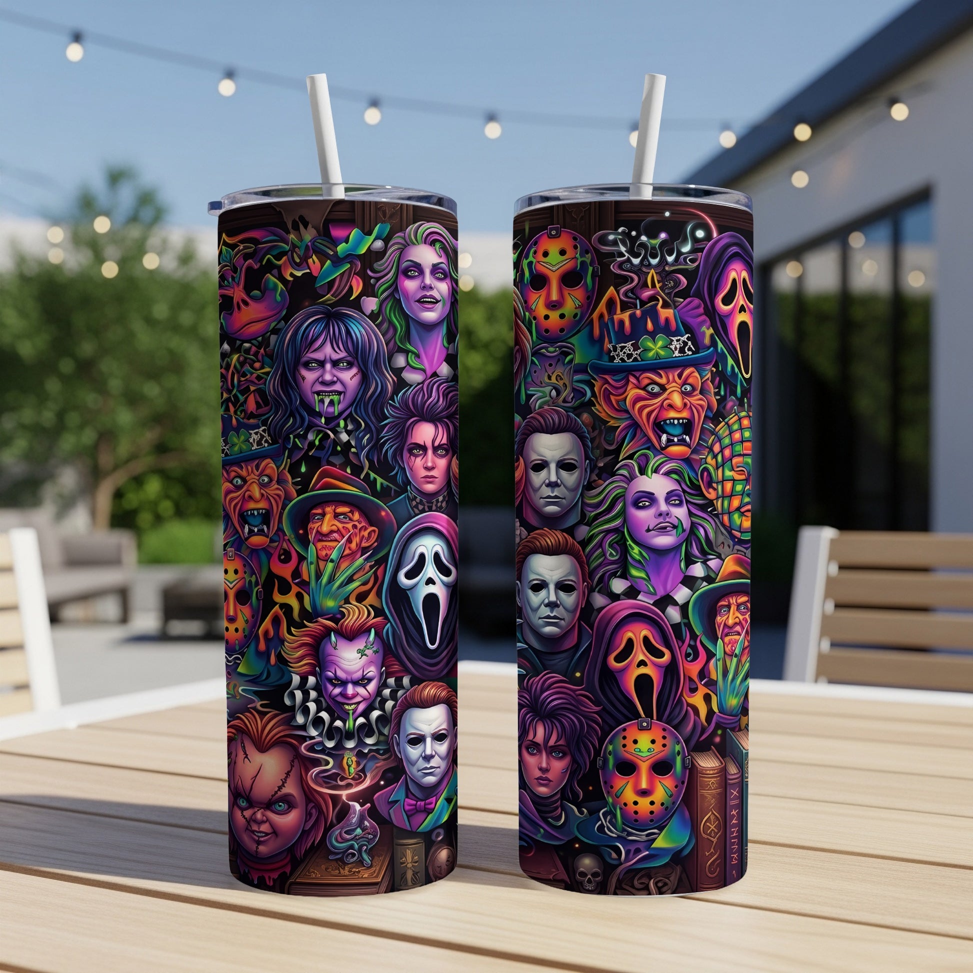 Two tumblers featuring a collage of colorful horror movie characters and icons.