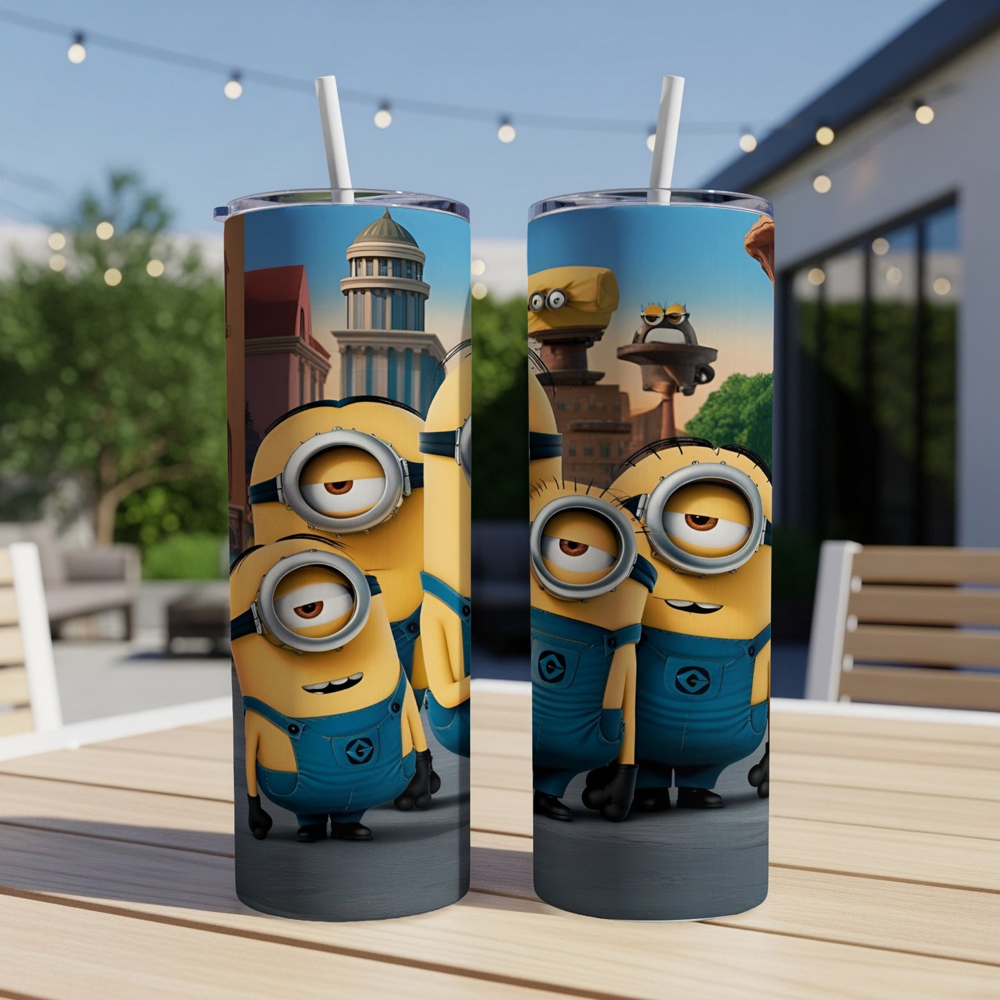 Two Minions on a tumbler design with a city background.