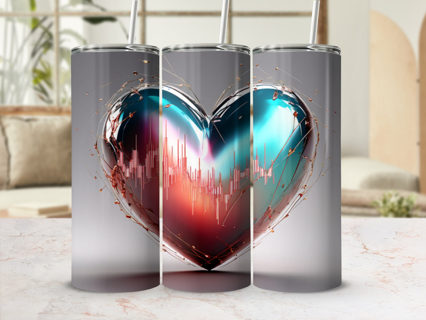 Tall tumbler with a metallic heart graphic featuring a stock market chart.