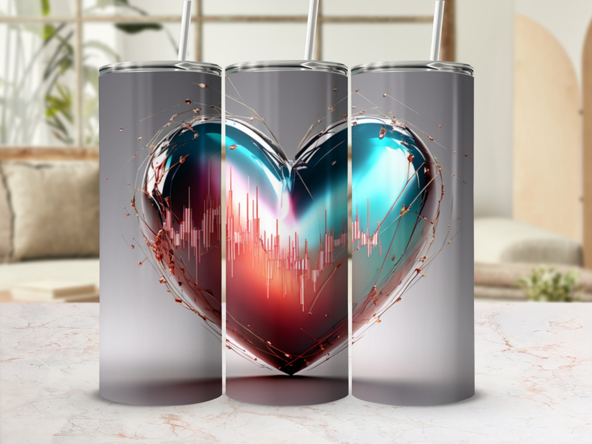 Tall tumbler with a metallic heart graphic featuring a stock market chart.