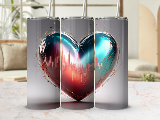 Tall tumbler with a metallic heart graphic featuring a stock market chart.