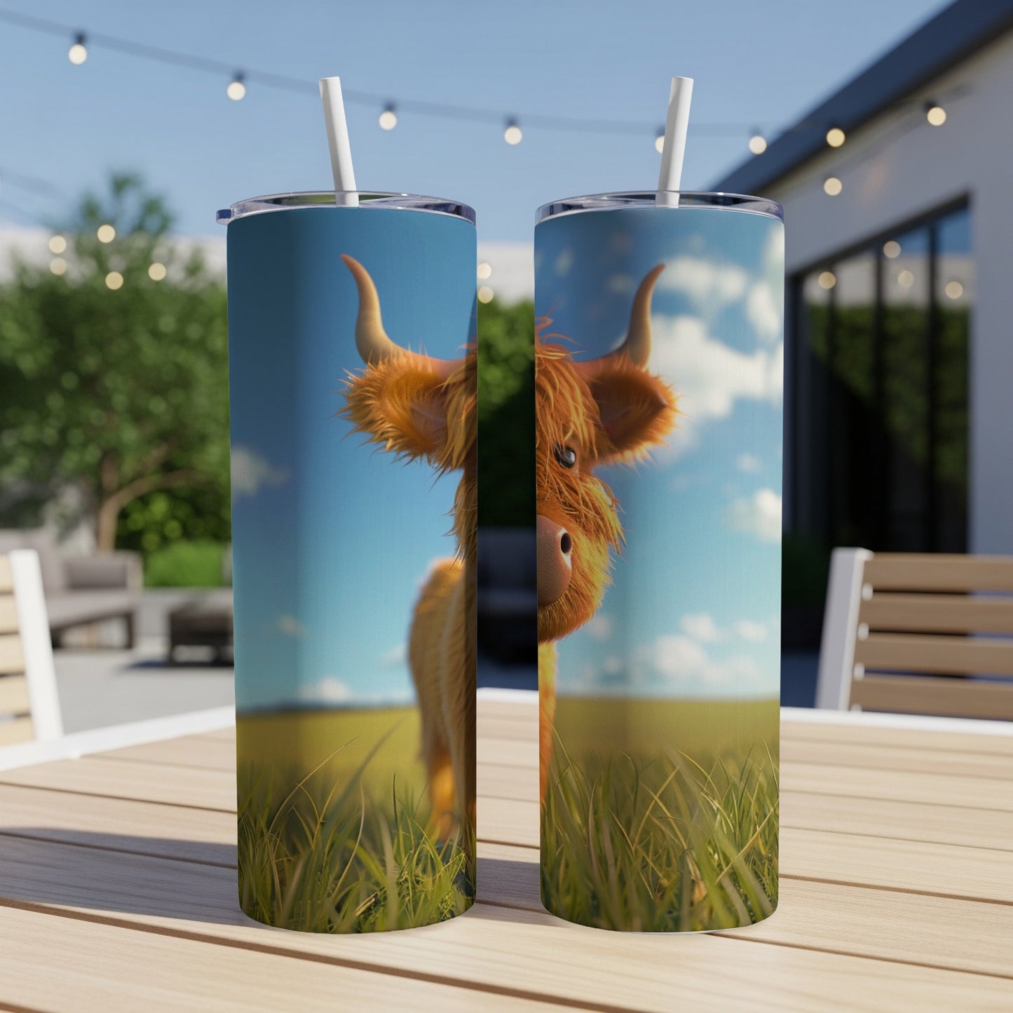 Highland cow illustration on two tumblers with straws, outdoors.