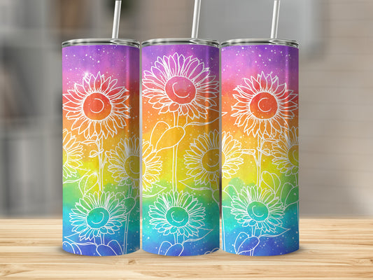 Rainbow gradient tumbler with white sunflower outlines.