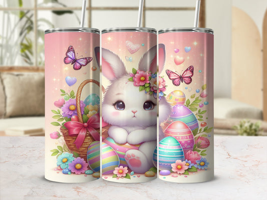 Easter bunny with colorful eggs and flowers, pink glitter background.