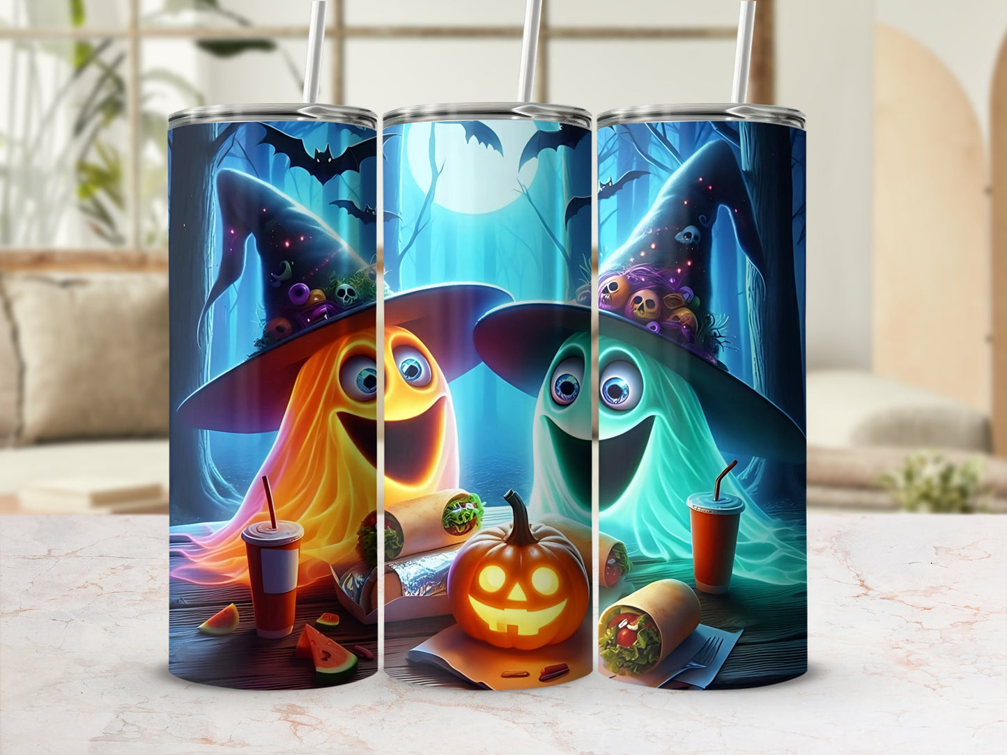 Halloween tumblers with ghosts, witch hats, bats, pumpkin, drinks, and burritos.