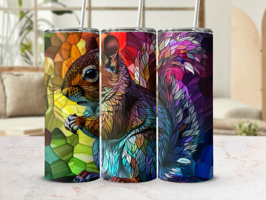 Colorful abstract squirrel on a tiled background, on a tumbler.