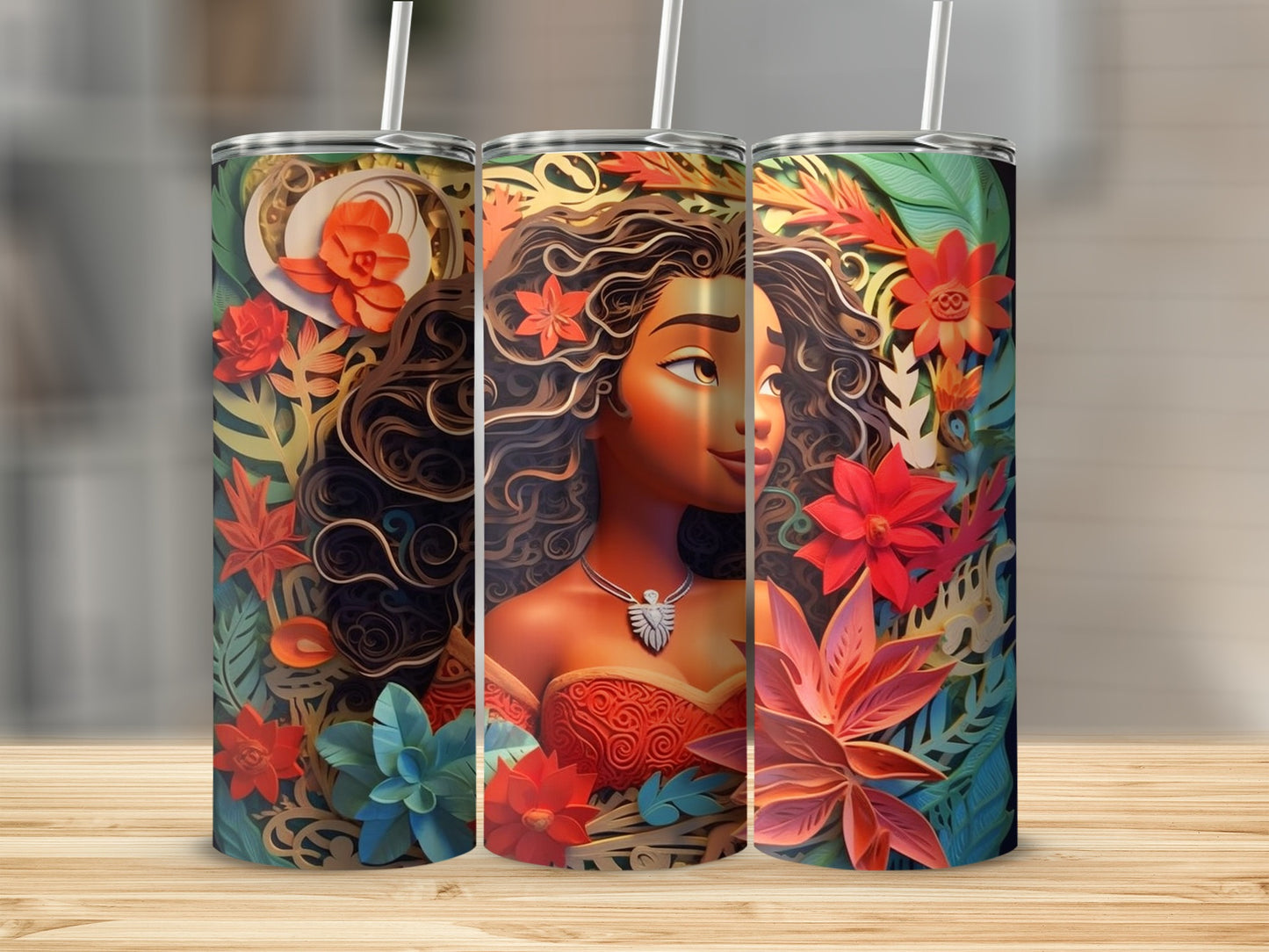 Beautiful Tropical Floral Design Tumbler with Straw