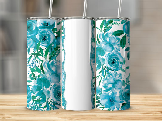 Three tumblers with teal floral patterns and glitter accents.