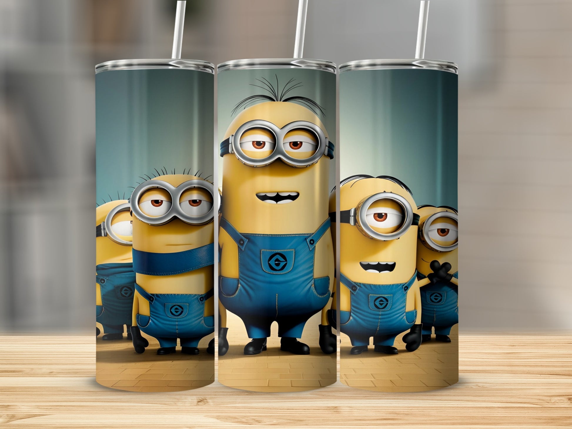 Five Minions in blue overalls, some with straws, against a blurred background.