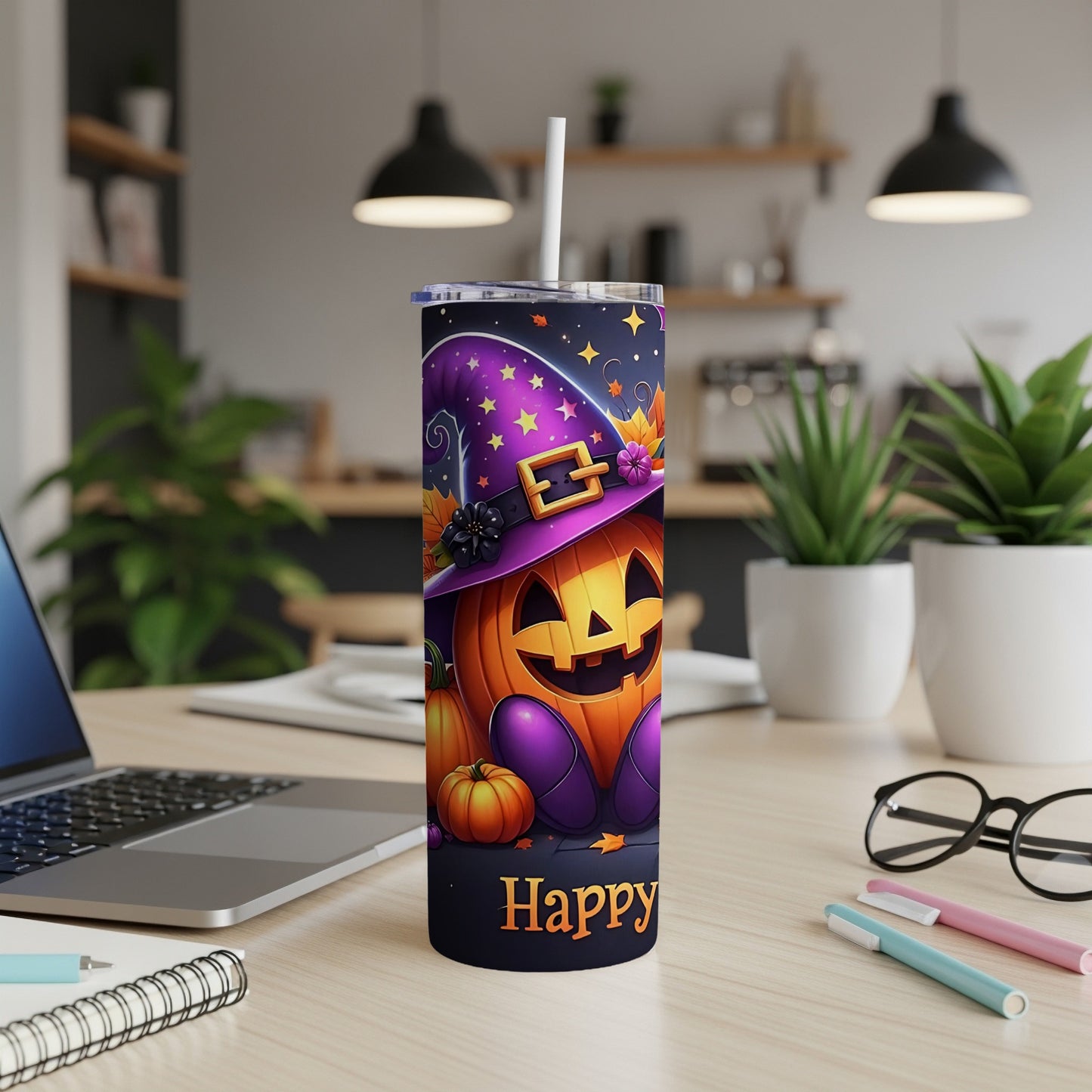 Halloween tumbler with a smiling pumpkin wearing a purple witch hat and the word "Happy".