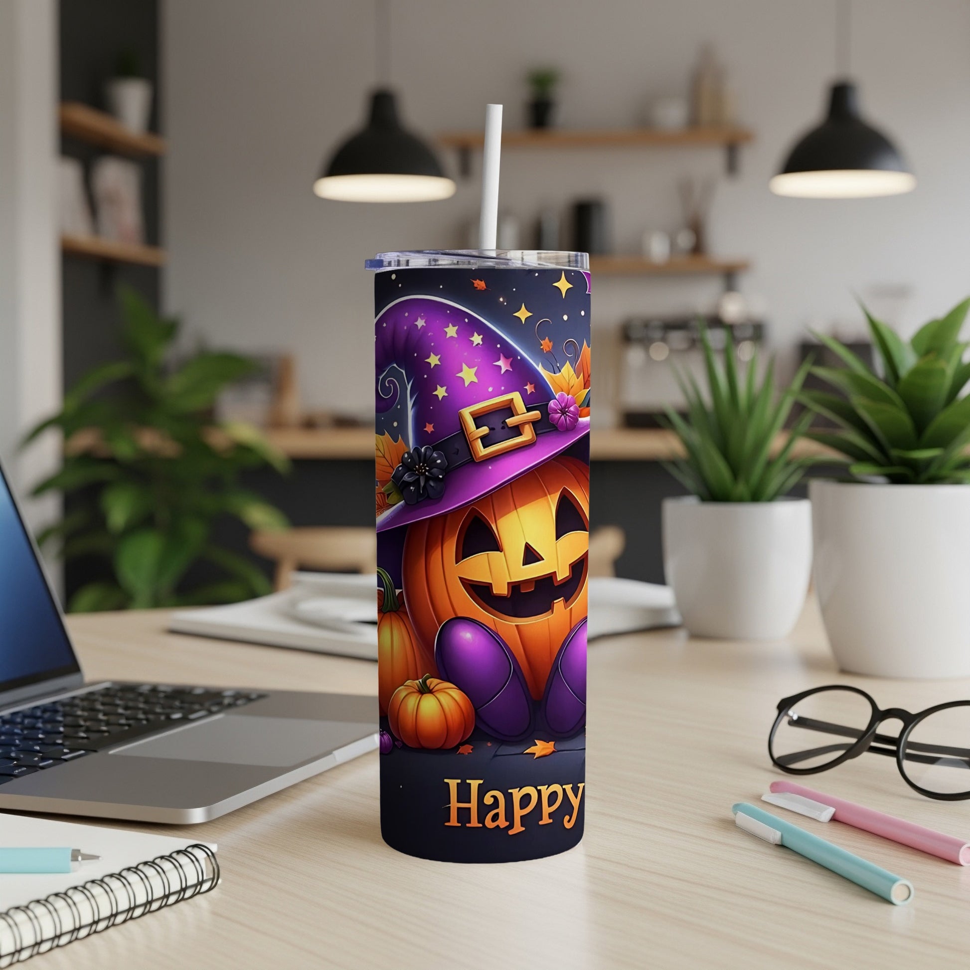 Halloween tumbler with a smiling pumpkin wearing a purple witch hat and the word "Happy".