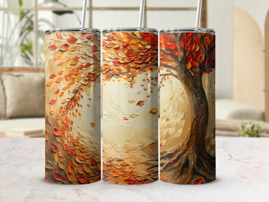 Three tumblers with a textured tree and falling leaves design.