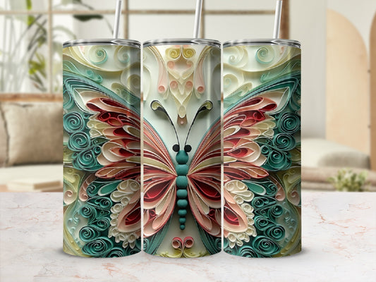 Three tumblers with a detailed, colorful butterfly design.
