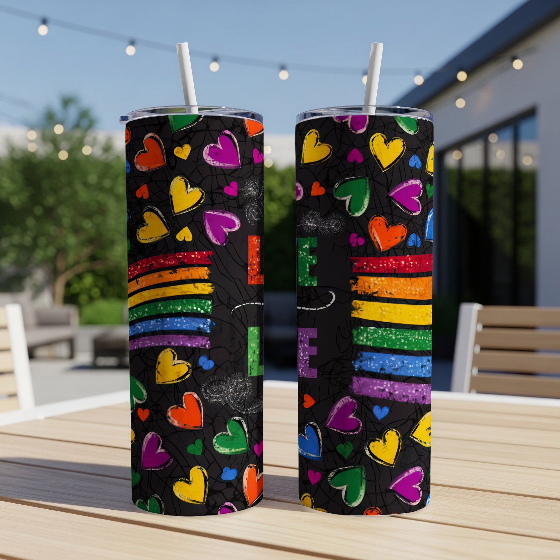 Two black tumblers with rainbow hearts and glitter accents, "Love" text.