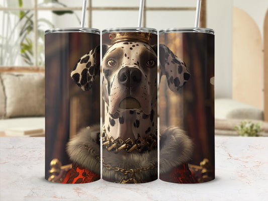 Dalmatian dog wearing a crown and royal fur collar.