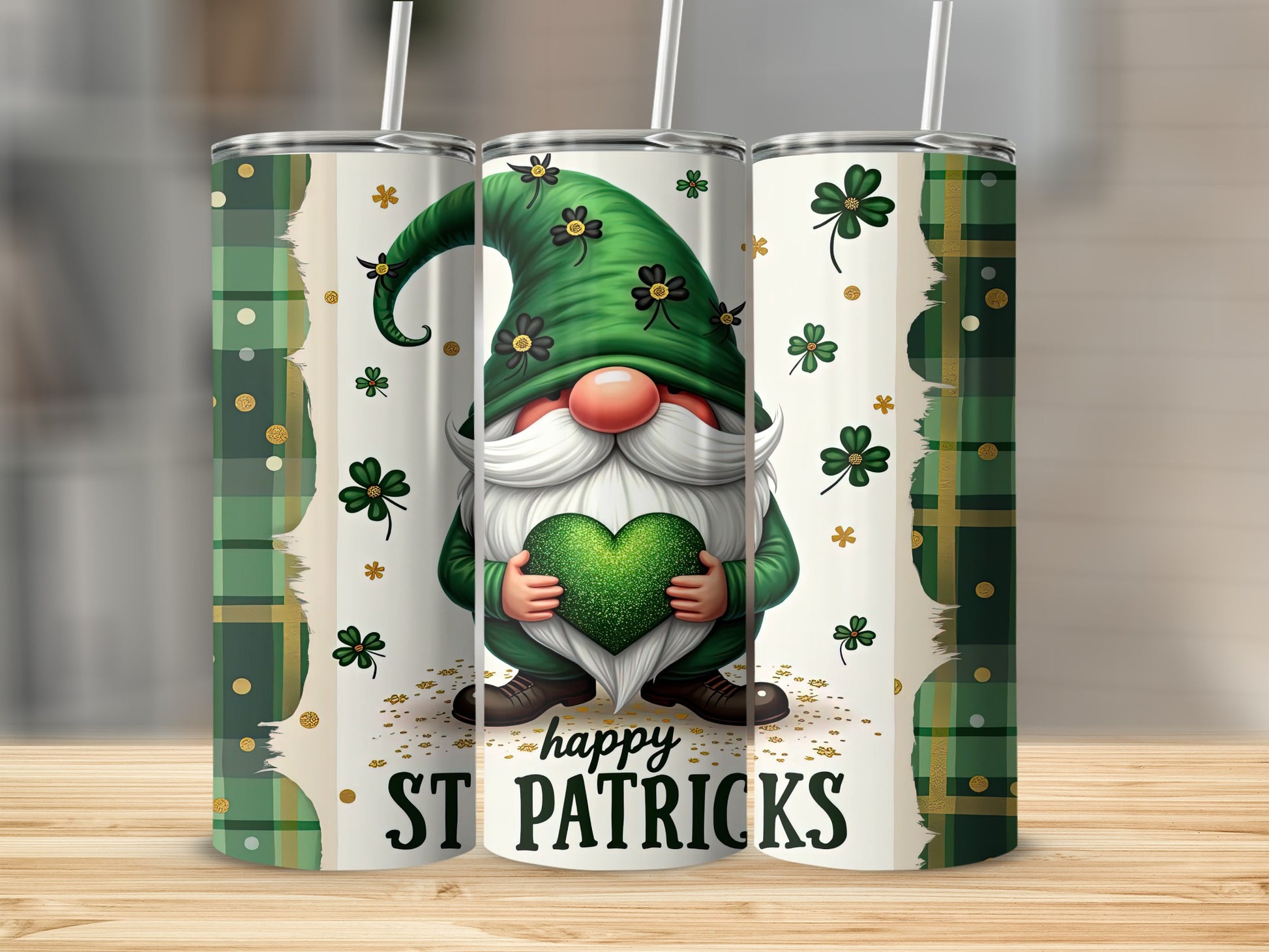 St. Patrick's Day gnome holding a green heart, surrounded by shamrocks and plaid.