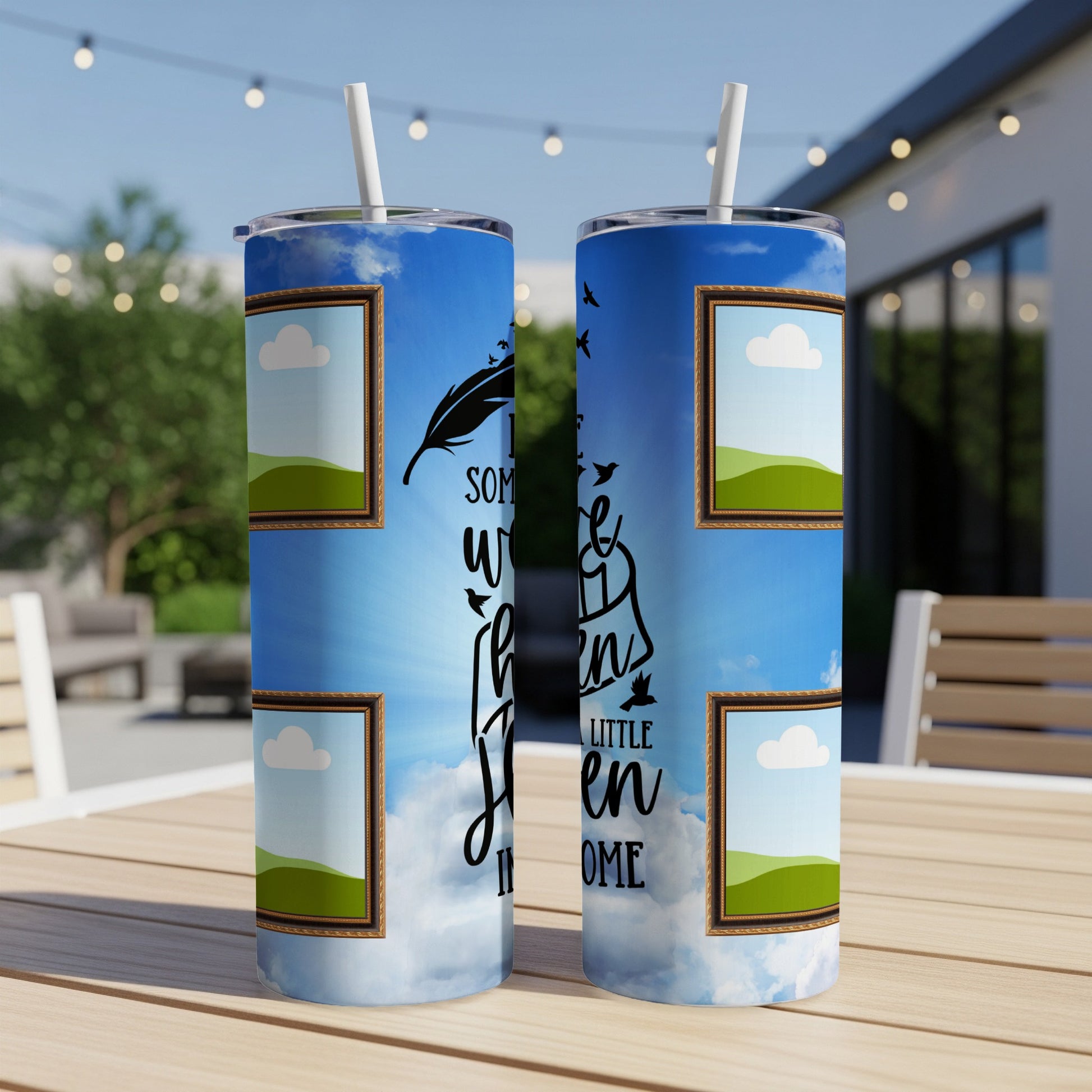Two tumblers with sky, clouds, framed pictures, and text "if someone were then in heaven I'd come".