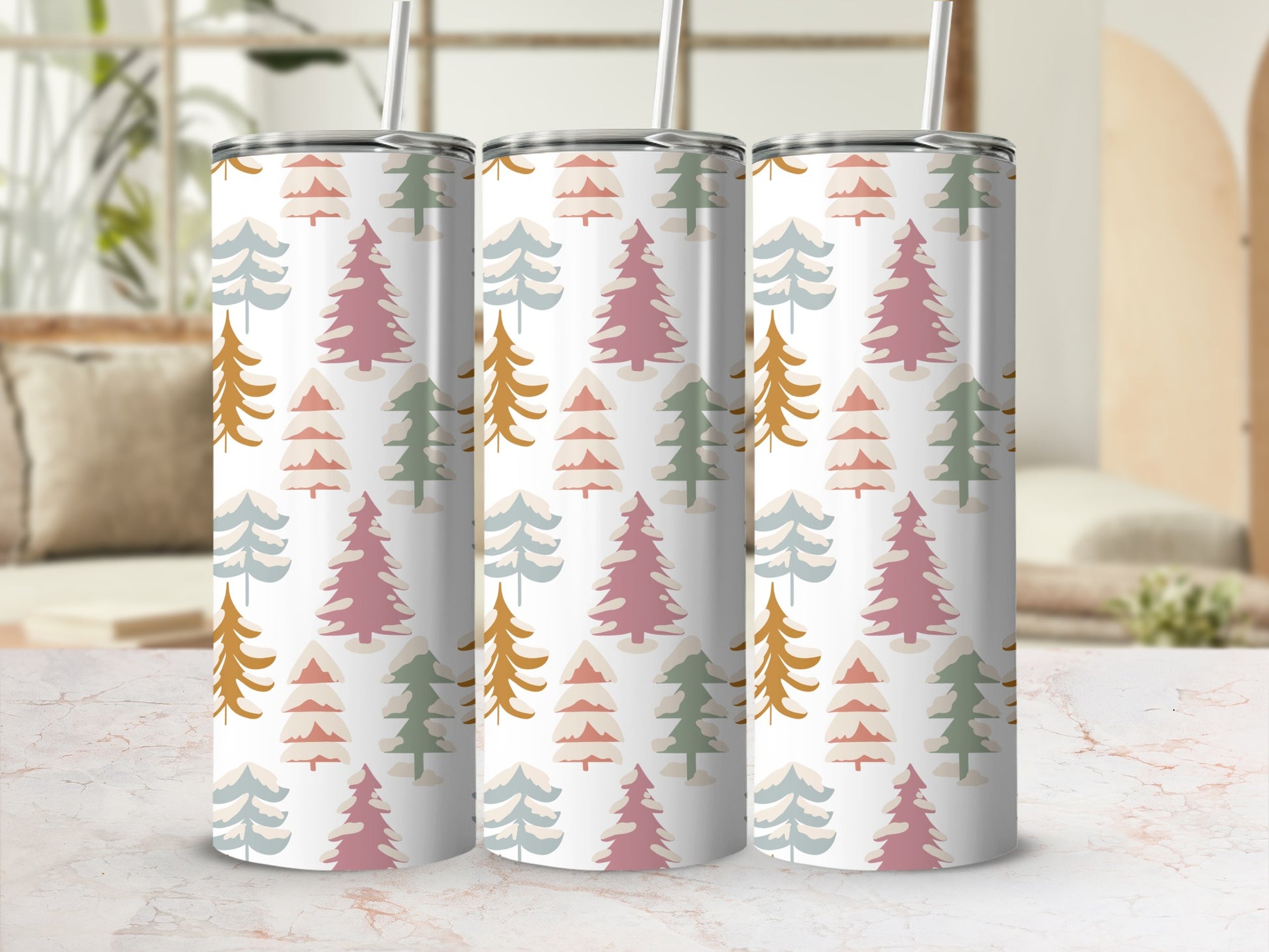 Tumbler with a repeating pattern of abstract pine trees in muted colors.