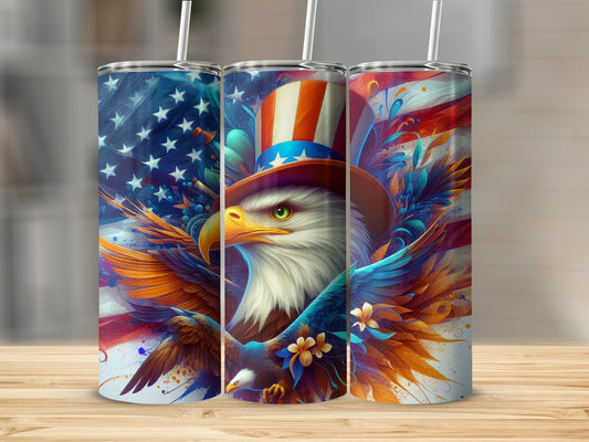 Eagle in patriotic hat with stars and stripes, surrounded by abstract patriotic elements.