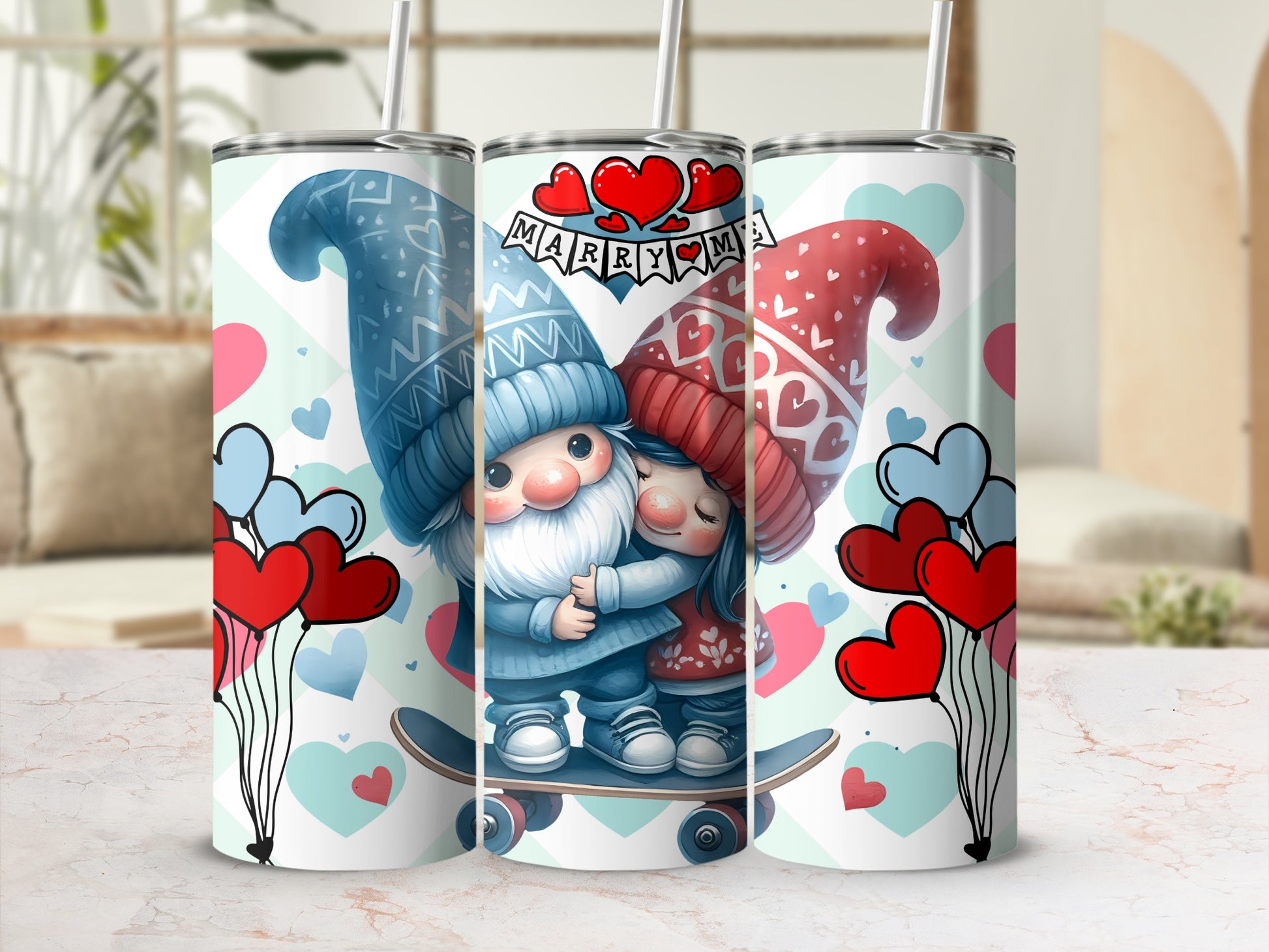 Cute Gnome Couple Hearts Pattern Tumbler
