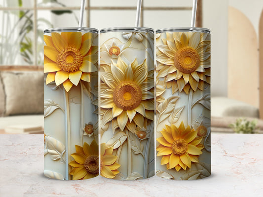 Three tall tumblers with raised sunflower designs and yellow floral accents.