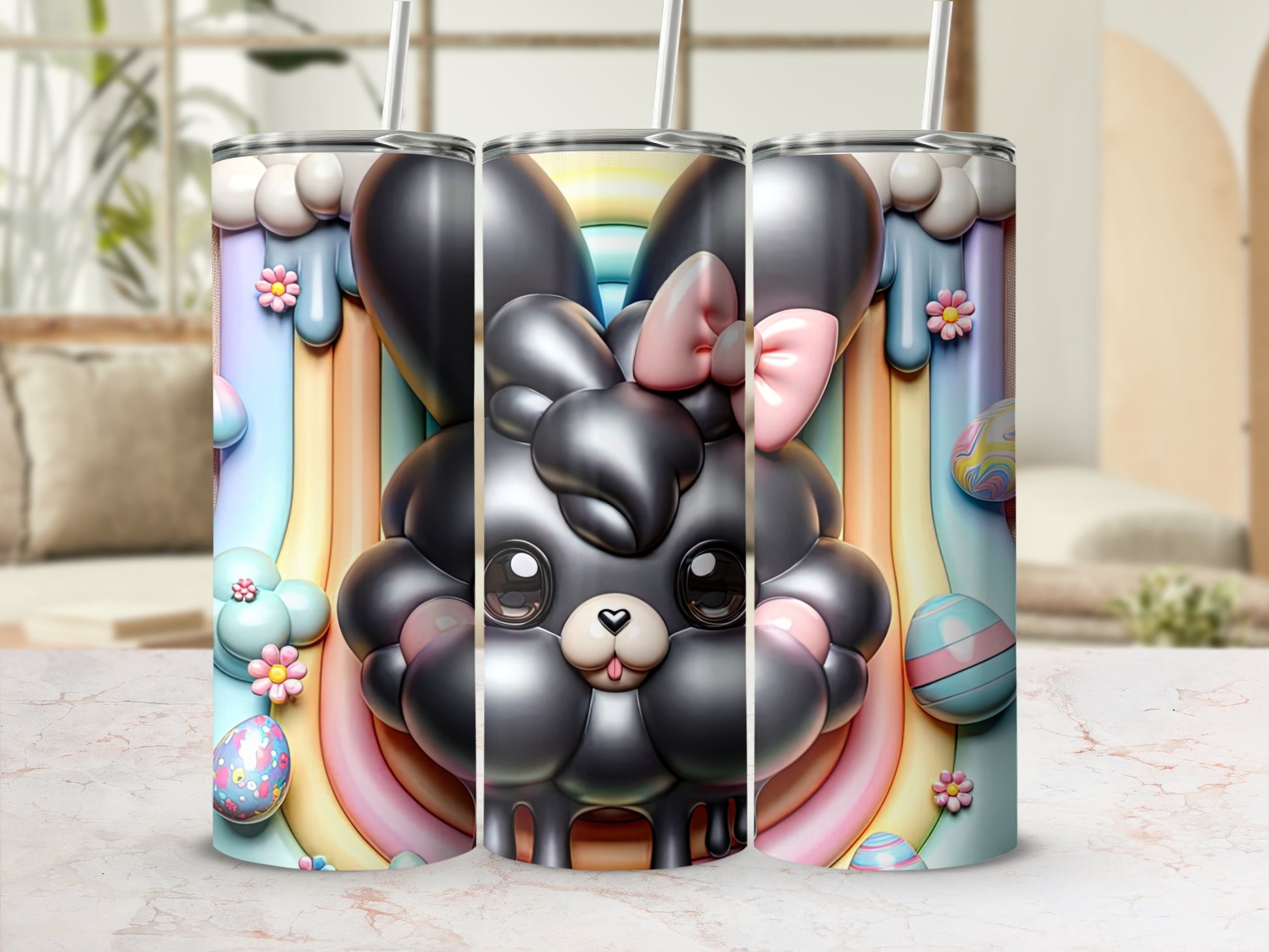Black bunny with pink bow and rainbow, surrounded by Easter eggs.