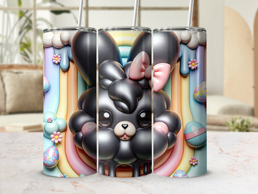 Black bunny with pink bow and rainbow, surrounded by Easter eggs.