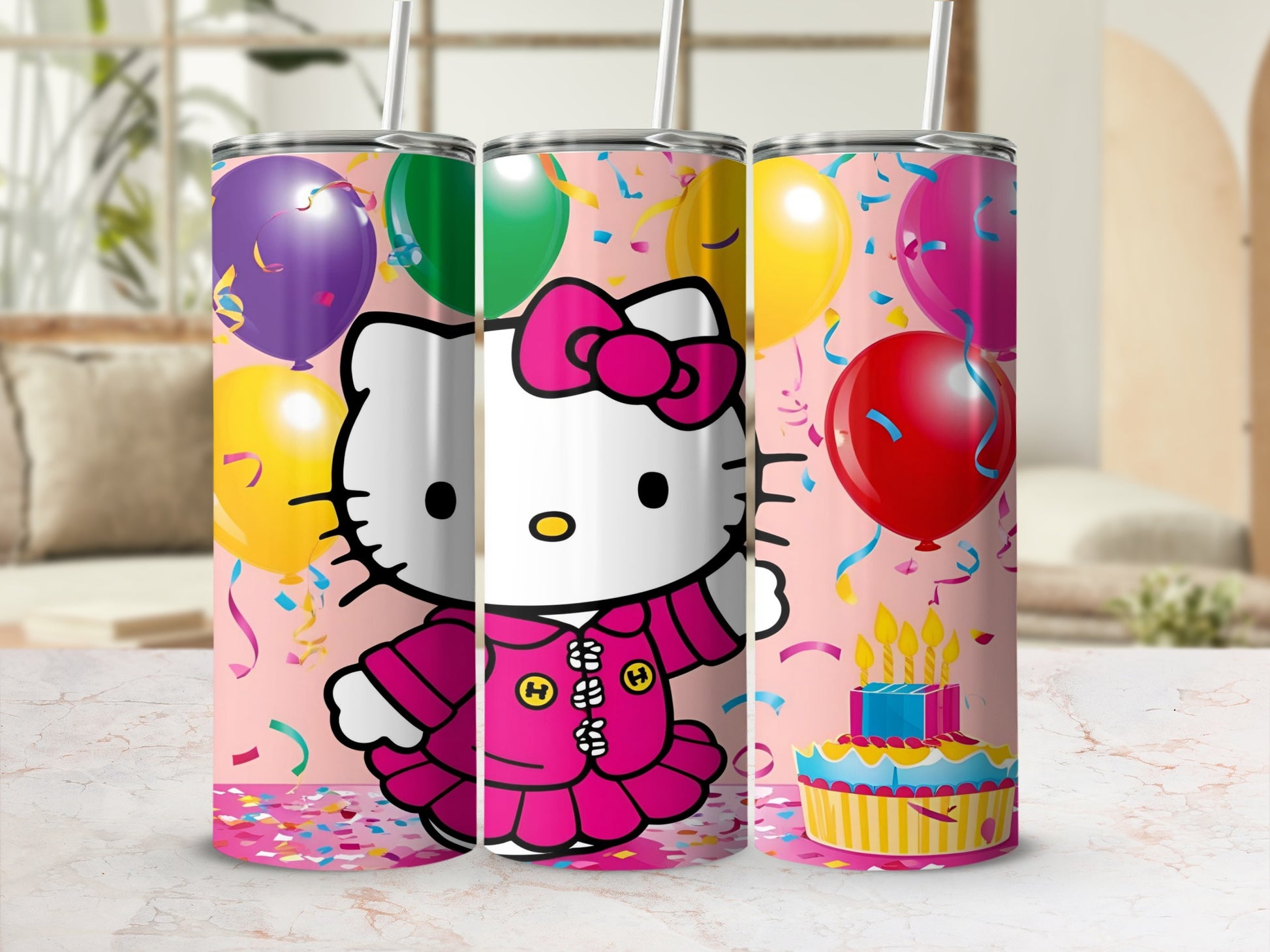 Hello Kitty in pink dress with balloons and birthday cake on tumbler.
