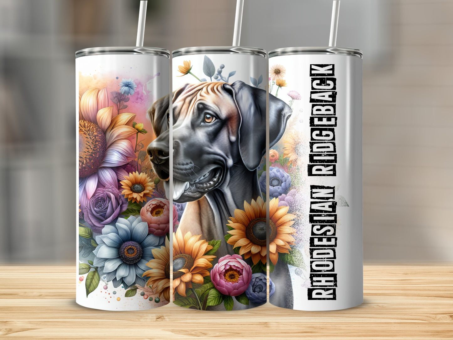 Rhodesian Ridgeback dog with sunflowers and roses on a tumbler.