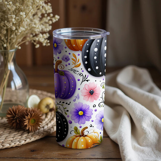 Floral Patterned Colorful Pumpkin Themed Tumbler