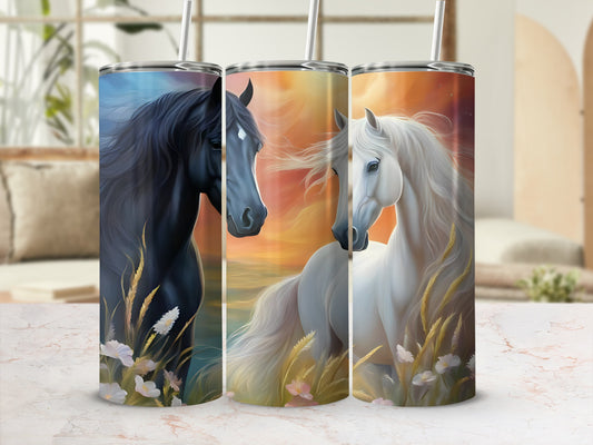 Three tumblers featuring horses in a sunset, one black, two white.