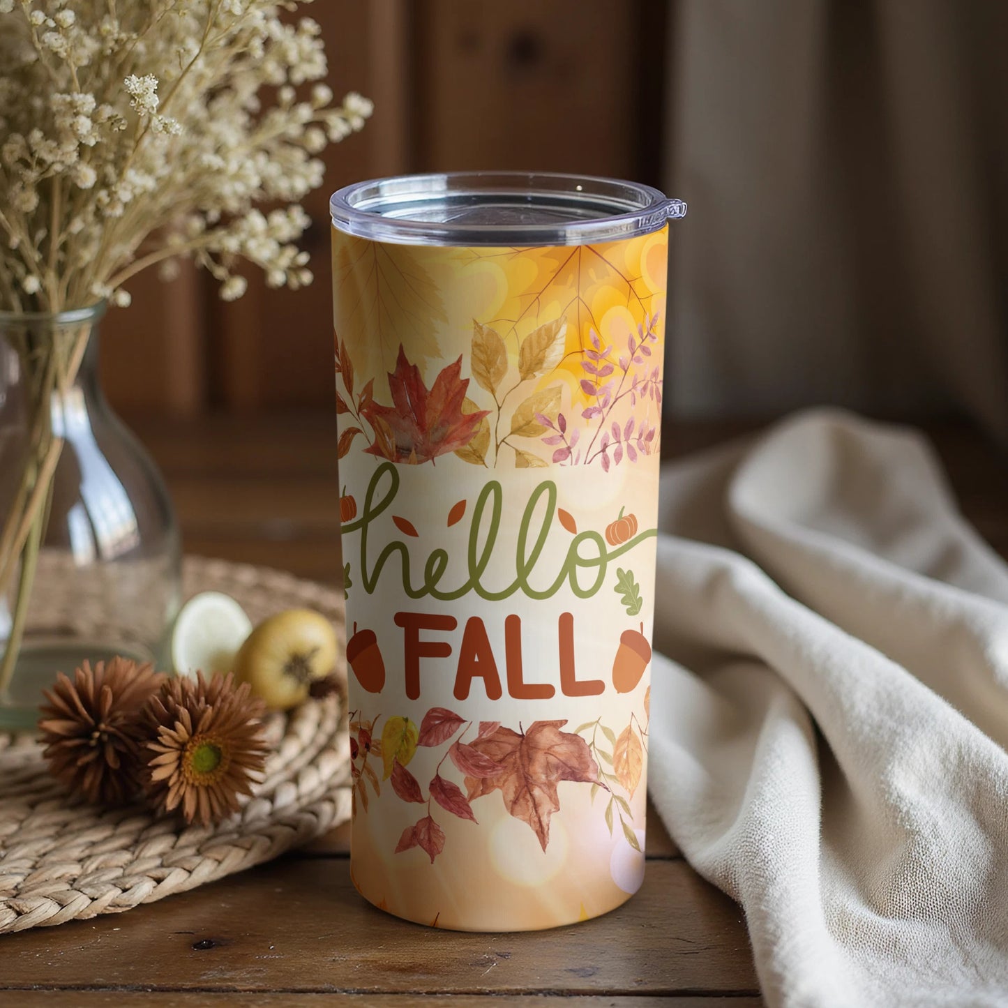 Hello Fall Autumn Leaves Travel Tumbler