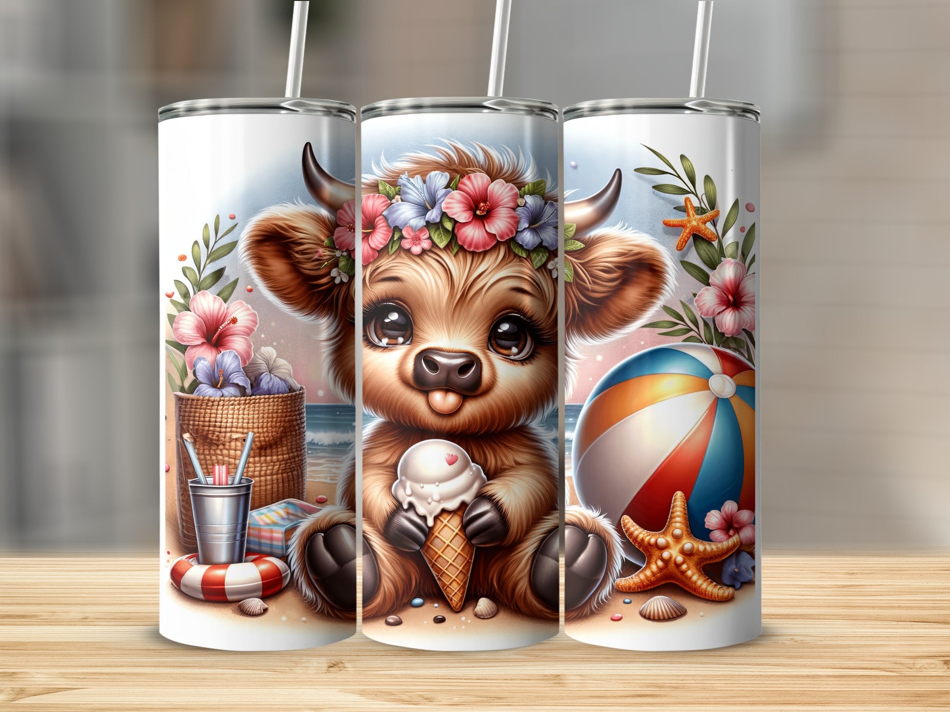 Kawaii cow with ice cream and beach accessories, floral crown.