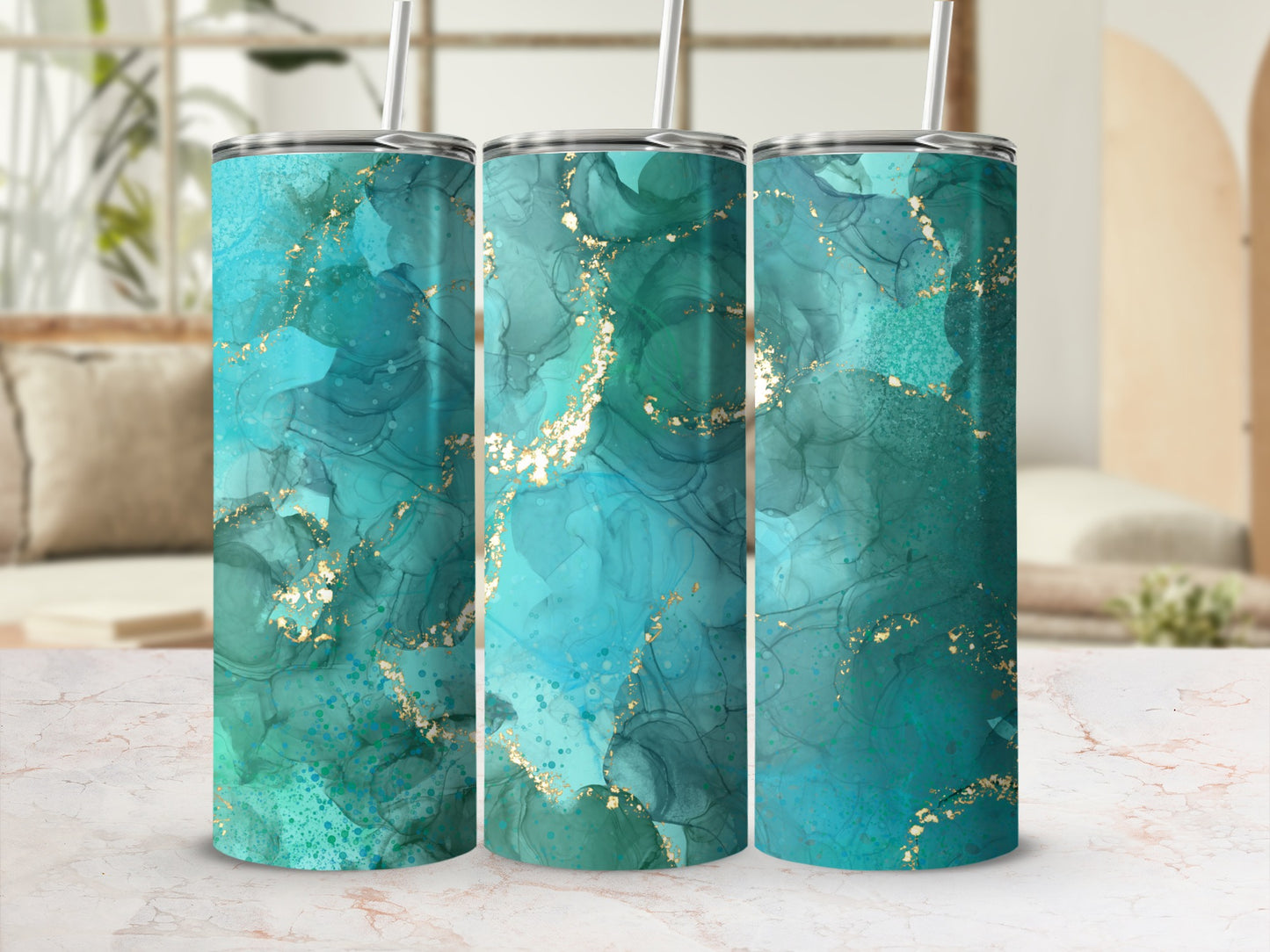 Three tumblers with abstract teal, green, and gold marbled design.