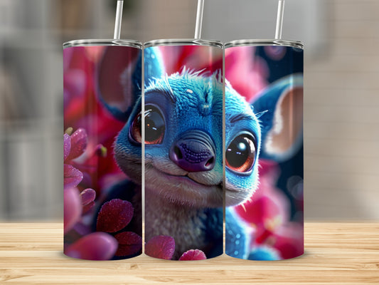 Stitch character on a tumbler surrounded by pink floral petals.