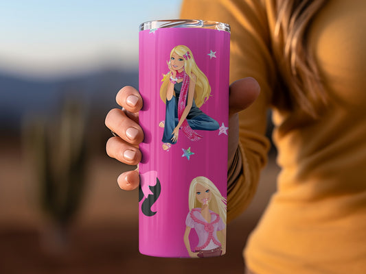 Barbie On Pink Background With Stars Flowers Tumblers