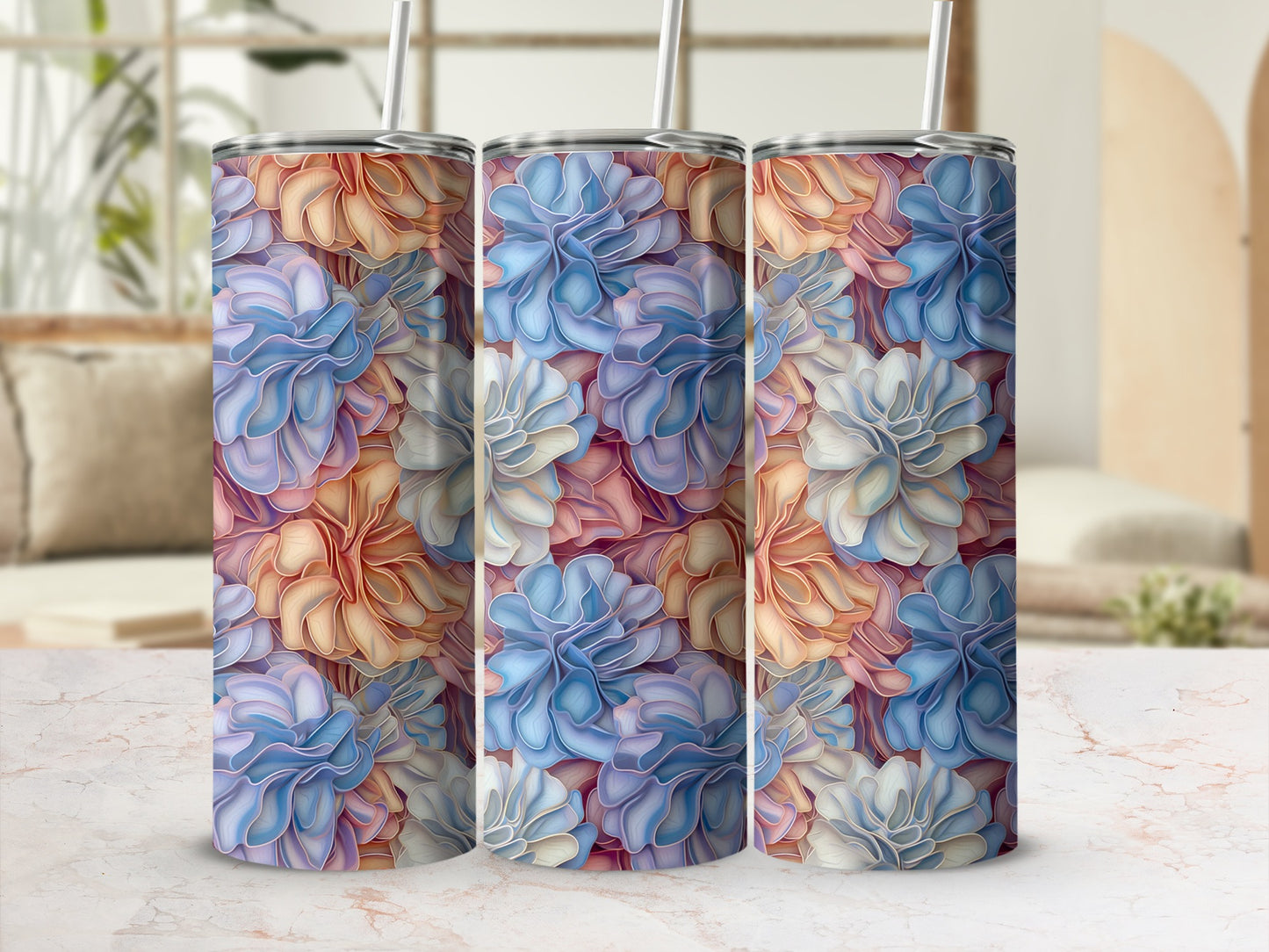 Pastel Floral Print Tumbler Set for Drinks and Beverages