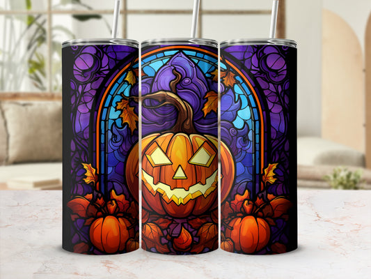 Three purple and orange Halloween jack-o'-lantern tumblers with stained glass design.