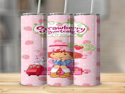 Strawberry Shortcake character with luggage and cat, on a pink background.