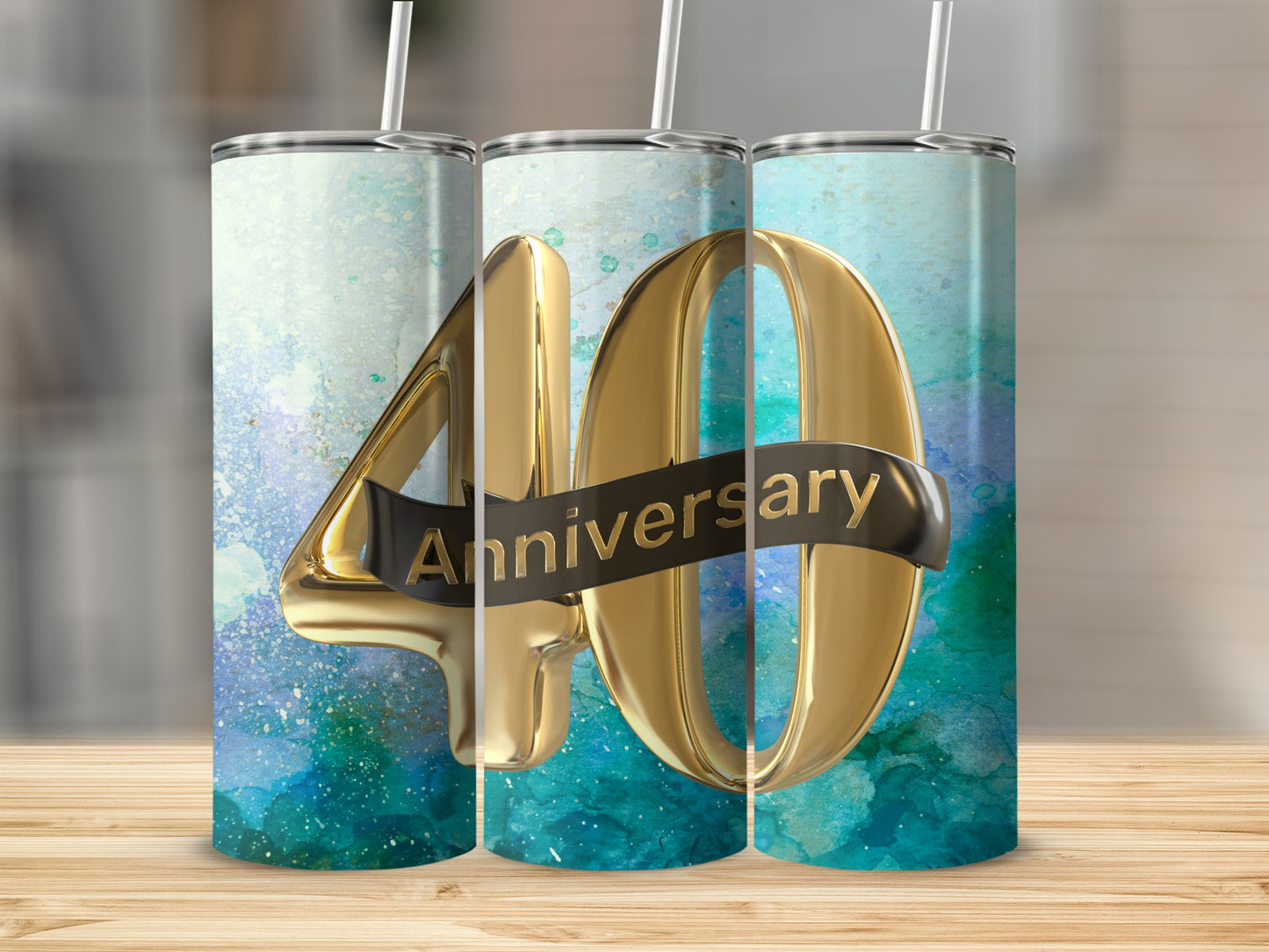 Gold "40th Anniversary" text on a watercolor tumbler design.