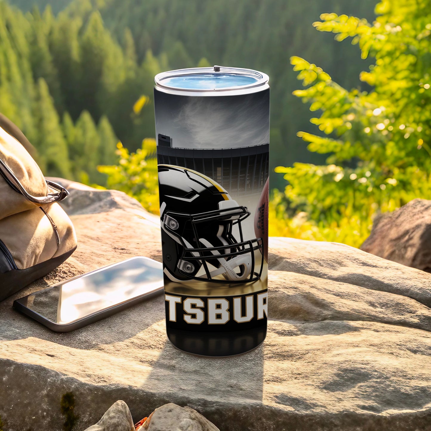 Pittsburgh Steelers tumbler with football helmet and stadium scene.