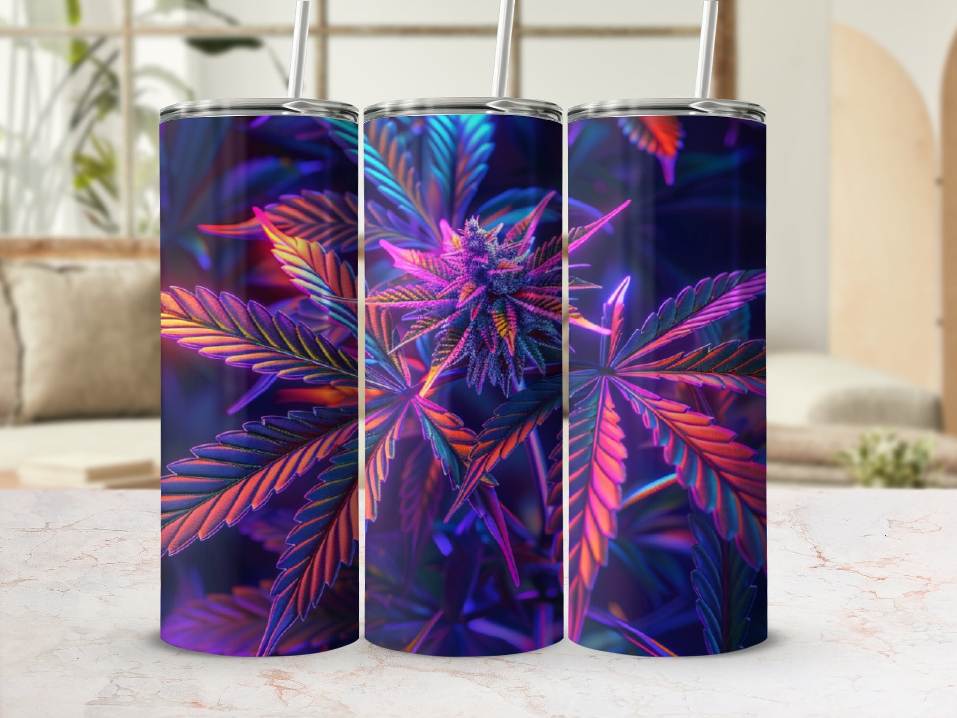 Three tumblers with colorful cannabis leaf design.