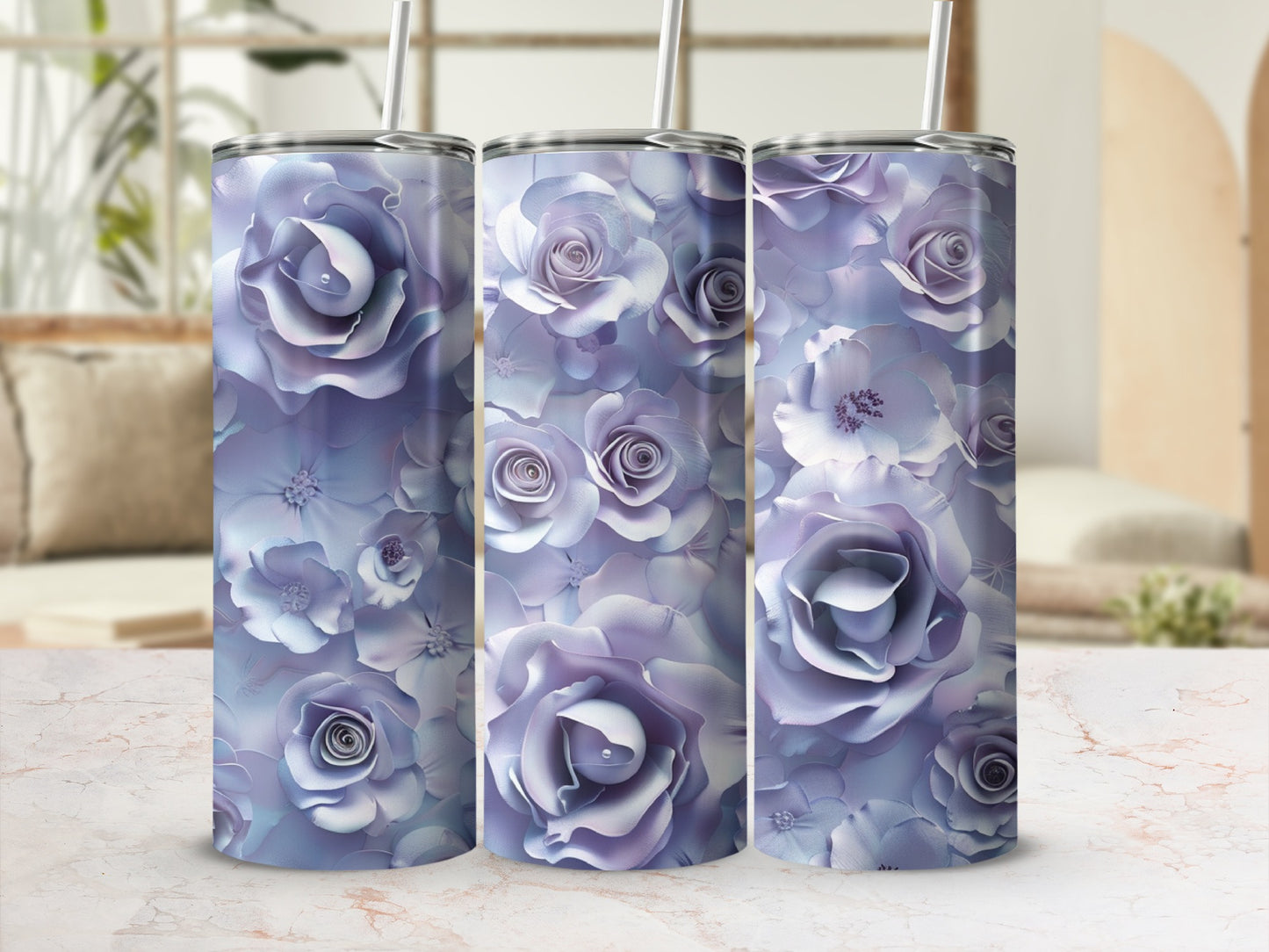 Three tumblers with a detailed purple rose floral pattern.