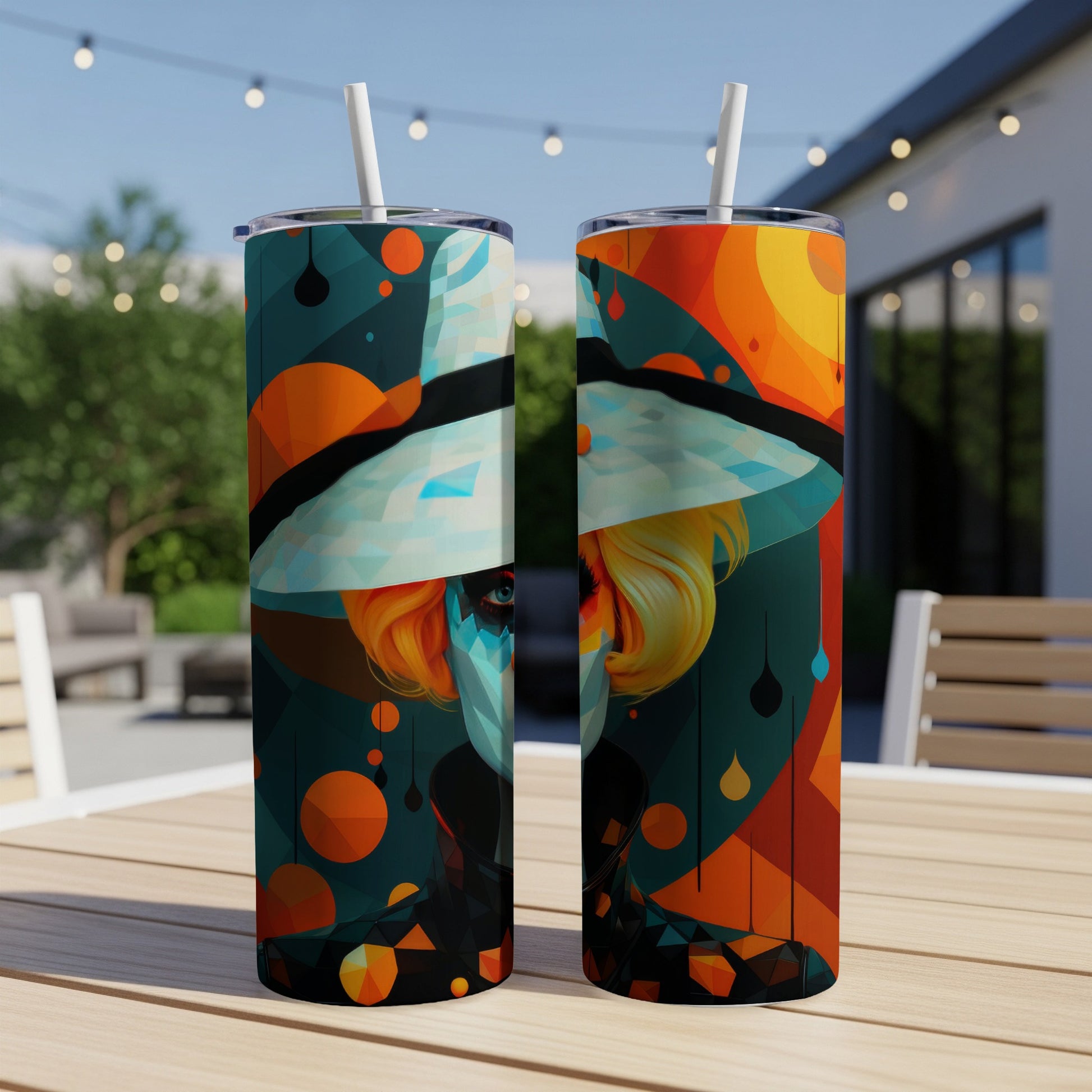 Two tumblers with abstract geometric art featuring a woman's face and orange circles.