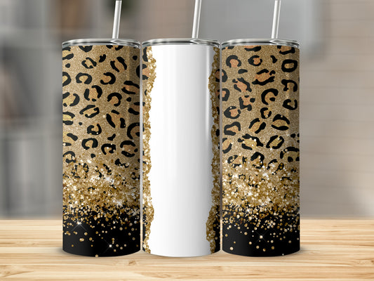 Three tumblers with leopard print and gold glitter design.